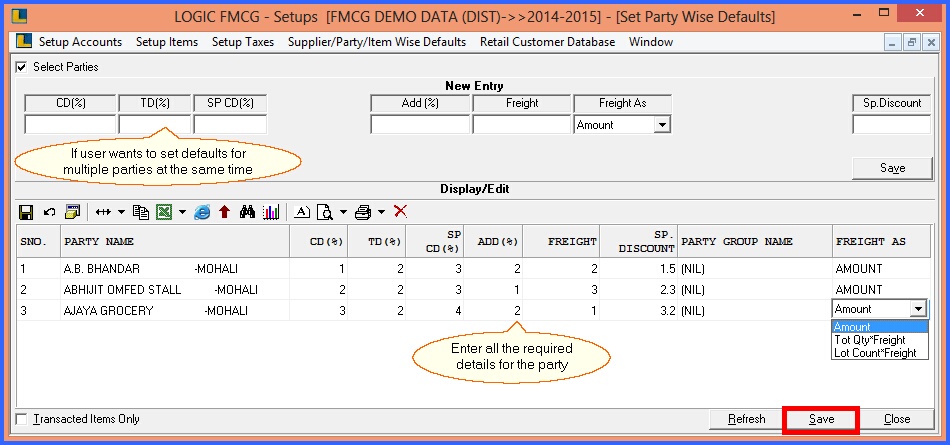 fmcg set party wise defaults